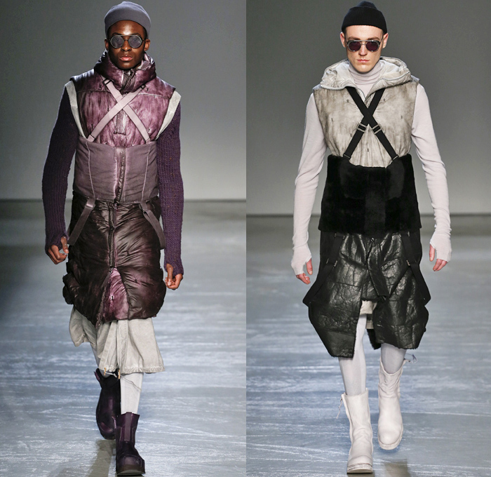 Boris Bidjan Saberi 2018-2019 Fall Autumn Winter Mens Runway Show Catwalk Looks - Mode à Paris Fashion Week France - Apocalyptic Alpine Athletics Sports Snowboard Skis Dystopian Backpacks Arctic Frosty Outerwear Coat Parka Poncho Onesie Quilted Waffle Puffer Down Vest Turtleneck Knit Sweater Crop Top Midriff Plush Fur Utilitarian Leggings Worker Swamp Mud Pants Distressed Rustic Straps Belts Harness Suspenders Waistband Cap Headband Trainers Boots Glasses Goggles Gloves