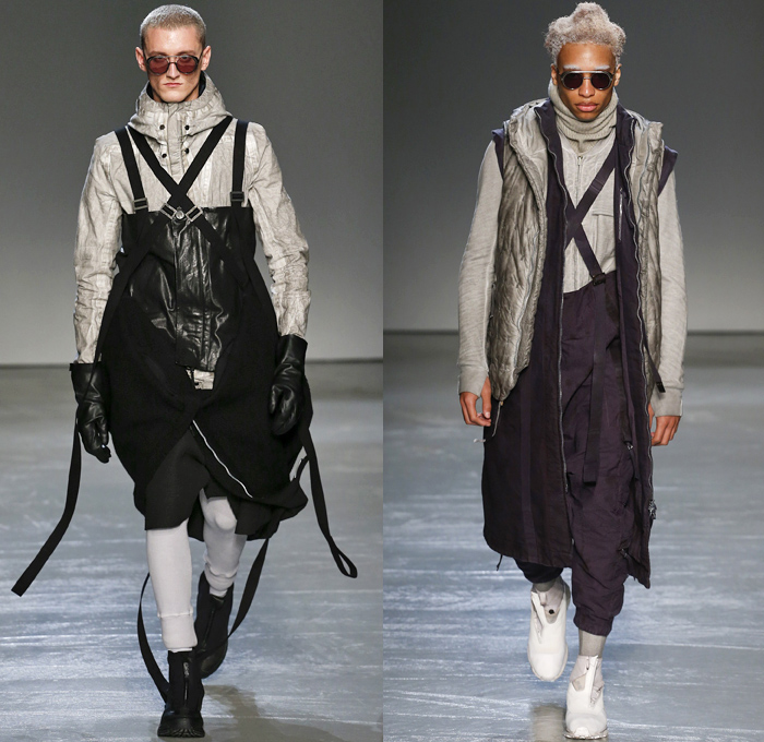 Boris Bidjan Saberi 2018-2019 Fall Autumn Winter Mens Runway Show Catwalk Looks - Mode à Paris Fashion Week France - Apocalyptic Alpine Athletics Sports Snowboard Skis Dystopian Backpacks Arctic Frosty Outerwear Coat Parka Poncho Onesie Quilted Waffle Puffer Down Vest Turtleneck Knit Sweater Crop Top Midriff Plush Fur Utilitarian Leggings Worker Swamp Mud Pants Distressed Rustic Straps Belts Harness Suspenders Waistband Cap Headband Trainers Boots Glasses Goggles Gloves