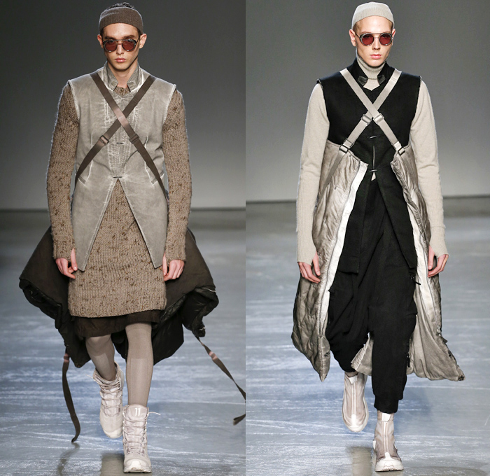 Boris Bidjan Saberi 2018-2019 Fall Autumn Winter Mens Runway Show Catwalk Looks - Mode à Paris Fashion Week France - Apocalyptic Alpine Athletics Sports Snowboard Skis Dystopian Backpacks Arctic Frosty Outerwear Coat Parka Poncho Onesie Quilted Waffle Puffer Down Vest Turtleneck Knit Sweater Crop Top Midriff Plush Fur Utilitarian Leggings Worker Swamp Mud Pants Distressed Rustic Straps Belts Harness Suspenders Waistband Cap Headband Trainers Boots Glasses Goggles Gloves