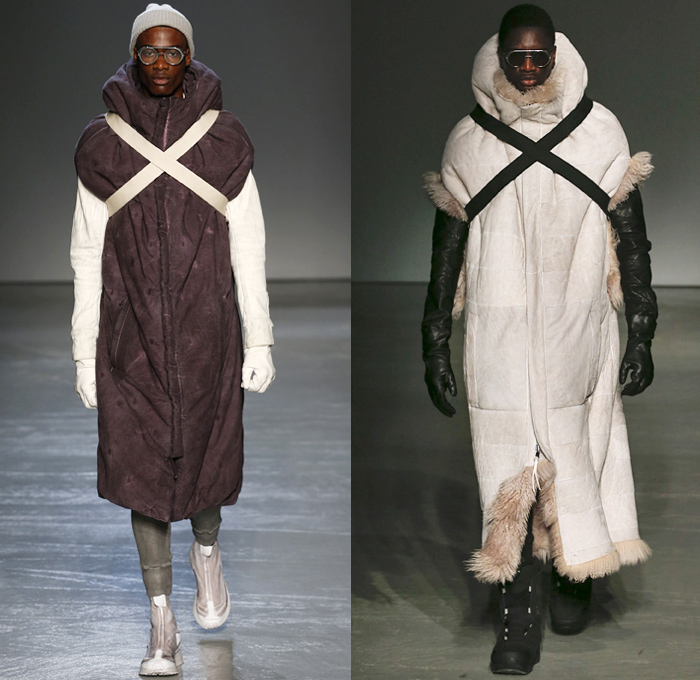 Boris Bidjan Saberi 2018-2019 Fall Autumn Winter Mens Runway Show Catwalk Looks - Mode à Paris Fashion Week France - Apocalyptic Alpine Athletics Sports Snowboard Skis Dystopian Backpacks Arctic Frosty Outerwear Coat Parka Poncho Onesie Quilted Waffle Puffer Down Vest Turtleneck Knit Sweater Crop Top Midriff Plush Fur Utilitarian Leggings Worker Swamp Mud Pants Distressed Rustic Straps Belts Harness Suspenders Waistband Cap Headband Trainers Boots Glasses Goggles Gloves