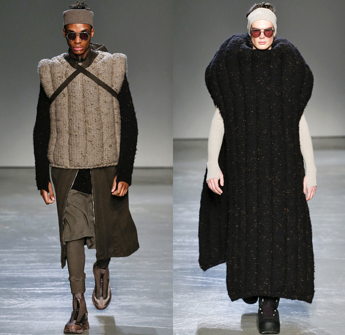 Boris Bidjan Saberi 2018-2019 Fall Autumn Winter Mens Runway Show Catwalk Looks - Mode à Paris Fashion Week France - Apocalyptic Alpine Athletics Sports Snowboard Skis Dystopian Backpacks Arctic Frosty Outerwear Coat Parka Poncho Onesie Quilted Waffle Puffer Down Vest Turtleneck Knit Sweater Crop Top Midriff Plush Fur Utilitarian Leggings Worker Swamp Mud Pants Distressed Rustic Straps Belts Harness Suspenders Waistband Cap Headband Trainers Boots Glasses Goggles Gloves