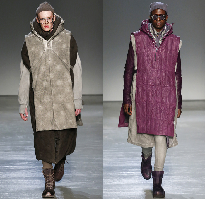Boris Bidjan Saberi 2018-2019 Fall Autumn Winter Mens Runway Show Catwalk Looks - Mode à Paris Fashion Week France - Apocalyptic Alpine Athletics Sports Snowboard Skis Dystopian Backpacks Arctic Frosty Outerwear Coat Parka Poncho Onesie Quilted Waffle Puffer Down Vest Turtleneck Knit Sweater Crop Top Midriff Plush Fur Utilitarian Leggings Worker Swamp Mud Pants Distressed Rustic Straps Belts Harness Suspenders Waistband Cap Headband Trainers Boots Glasses Goggles Gloves
