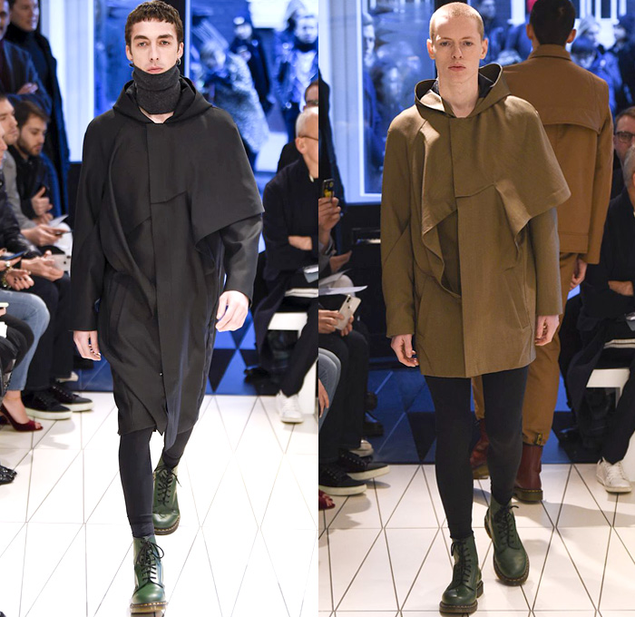 Hussein Chalayan 2018-2019 Fall Autumn Winter Mens Runway Catwalk Looks - London Fashion Week Mens Collections UK - Périphérique Ring Road Paris France Outerwear Overcoat Long Trench Coat Hoodie Jacket Peel Away Fold Over Extra Panel Turtleneck Capelet Perforated Torn Frayed Raw Hem Asymmetrical Cutout Long Sleeve Blouse Shirt Tailored Stripes Deconstructed Organic Shape Onesie Jumpsuit Coveralls Leggings Tights Hosiery Cargo Pockets Boots