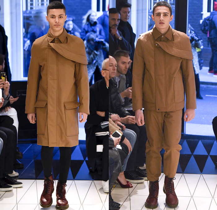 Hussein Chalayan 2018-2019 Fall Autumn Winter Mens Runway Catwalk Looks - London Fashion Week Mens Collections UK - Périphérique Ring Road Paris France Outerwear Overcoat Long Trench Coat Hoodie Jacket Peel Away Fold Over Extra Panel Turtleneck Capelet Perforated Torn Frayed Raw Hem Asymmetrical Cutout Long Sleeve Blouse Shirt Tailored Stripes Deconstructed Organic Shape Onesie Jumpsuit Coveralls Leggings Tights Hosiery Cargo Pockets Boots