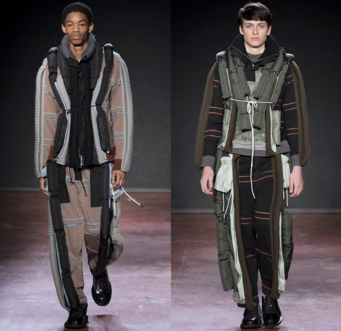 Craig Green 2018-2019 Fall Autumn Winter Mens Runway Catwalk Looks - London Fashion Week Mens Collections UK - Gig Lines Human Tent Kite Skeleton Cords Rope Braid Wireframe Pleats PVC Vinyl Pleather Tiered Overlapping Nylon Knit Weave Drawstring Shoelace Tie Up Arm Warmers Deconstructed Panels Wool Colorblock Geometric Paratrooper Parachute Sculptural Long Coat Parka Anorak Cutout Shoulders Sweater Jumper Cargo Pockets Hood Denim Jeans Paper Cutout Seams Fanny Pack Waist Pouch Belt Bag