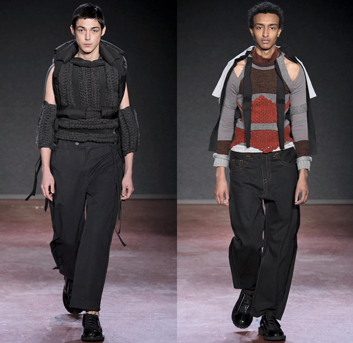 Craig Green 2018-2019 Fall Autumn Winter Mens Runway Catwalk Looks - London Fashion Week Mens Collections UK - Gig Lines Human Tent Kite Skeleton Cords Rope Braid Wireframe Pleats PVC Vinyl Pleather Tiered Overlapping Nylon Knit Weave Drawstring Shoelace Tie Up Arm Warmers Deconstructed Panels Wool Colorblock Geometric Paratrooper Parachute Sculptural Long Coat Parka Anorak Cutout Shoulders Sweater Jumper Cargo Pockets Hood Denim Jeans Paper Cutout Seams Fanny Pack Waist Pouch Belt Bag