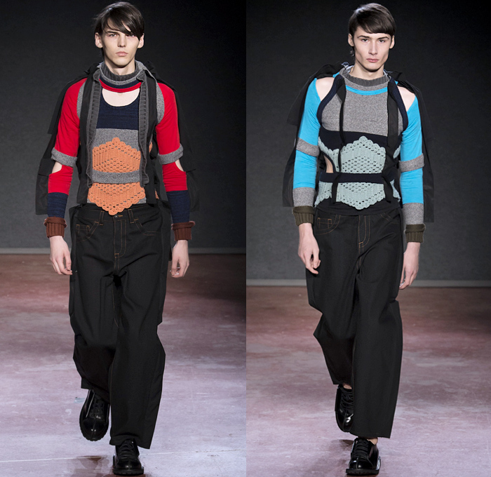 Craig Green 2018-2019 Fall Autumn Winter Mens Runway Catwalk Looks - London Fashion Week Mens Collections UK - Gig Lines Human Tent Kite Skeleton Cords Rope Braid Wireframe Pleats PVC Vinyl Pleather Tiered Overlapping Nylon Knit Weave Drawstring Shoelace Tie Up Arm Warmers Deconstructed Panels Wool Colorblock Geometric Paratrooper Parachute Sculptural Long Coat Parka Anorak Cutout Shoulders Sweater Jumper Cargo Pockets Hood Denim Jeans Paper Cutout Seams Fanny Pack Waist Pouch Belt Bag