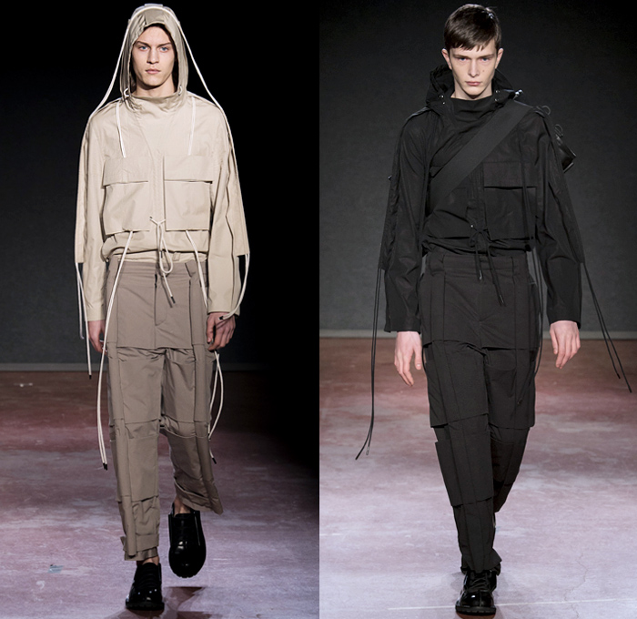 Craig Green 2018-2019 Fall Autumn Winter Mens Runway Catwalk Looks - London Fashion Week Mens Collections UK - Gig Lines Human Tent Kite Skeleton Cords Rope Braid Wireframe Pleats PVC Vinyl Pleather Tiered Overlapping Nylon Knit Weave Drawstring Shoelace Tie Up Arm Warmers Deconstructed Panels Wool Colorblock Geometric Paratrooper Parachute Sculptural Long Coat Parka Anorak Cutout Shoulders Sweater Jumper Cargo Pockets Hood Denim Jeans Paper Cutout Seams Fanny Pack Waist Pouch Belt Bag