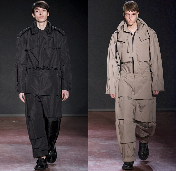 Craig Green 2018-2019 Fall Autumn Winter Mens Runway Catwalk Looks - London Fashion Week Mens Collections UK - Gig Lines Human Tent Kite Skeleton Cords Rope Braid Wireframe Pleats PVC Vinyl Pleather Tiered Overlapping Nylon Knit Weave Drawstring Shoelace Tie Up Arm Warmers Deconstructed Panels Wool Colorblock Geometric Paratrooper Parachute Sculptural Long Coat Parka Anorak Cutout Shoulders Sweater Jumper Cargo Pockets Hood Denim Jeans Paper Cutout Seams Fanny Pack Waist Pouch Belt Bag