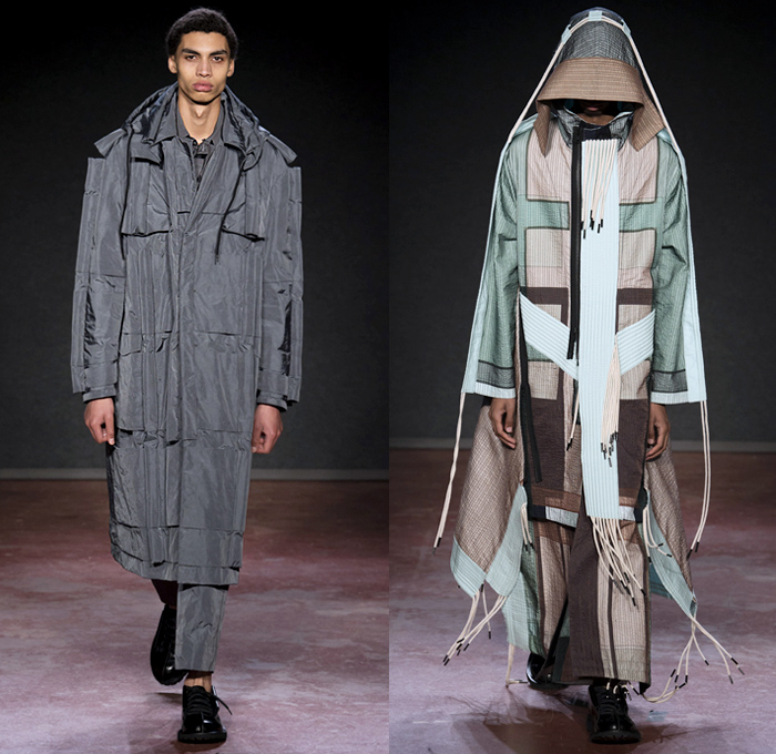 Craig Green 2018-2019 Fall Autumn Winter Mens Runway Catwalk Looks - London Fashion Week Mens Collections UK - Gig Lines Human Tent Kite Skeleton Cords Rope Braid Wireframe Pleats PVC Vinyl Pleather Tiered Overlapping Nylon Knit Weave Drawstring Shoelace Tie Up Arm Warmers Deconstructed Panels Wool Colorblock Geometric Paratrooper Parachute Sculptural Long Coat Parka Anorak Cutout Shoulders Sweater Jumper Cargo Pockets Hood Denim Jeans Paper Cutout Seams Fanny Pack Waist Pouch Belt Bag