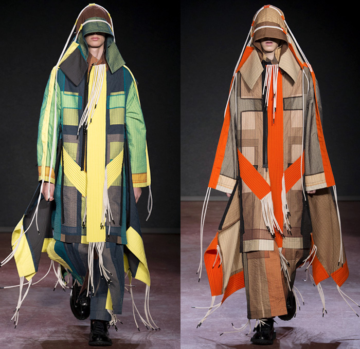 Craig Green 2018-2019 Fall Autumn Winter Mens Runway Catwalk Looks - London Fashion Week Mens Collections UK - Gig Lines Human Tent Kite Skeleton Cords Rope Braid Wireframe Pleats PVC Vinyl Pleather Tiered Overlapping Nylon Knit Weave Drawstring Shoelace Tie Up Arm Warmers Deconstructed Panels Wool Colorblock Geometric Paratrooper Parachute Sculptural Long Coat Parka Anorak Cutout Shoulders Sweater Jumper Cargo Pockets Hood Denim Jeans Paper Cutout Seams Fanny Pack Waist Pouch Belt Bag