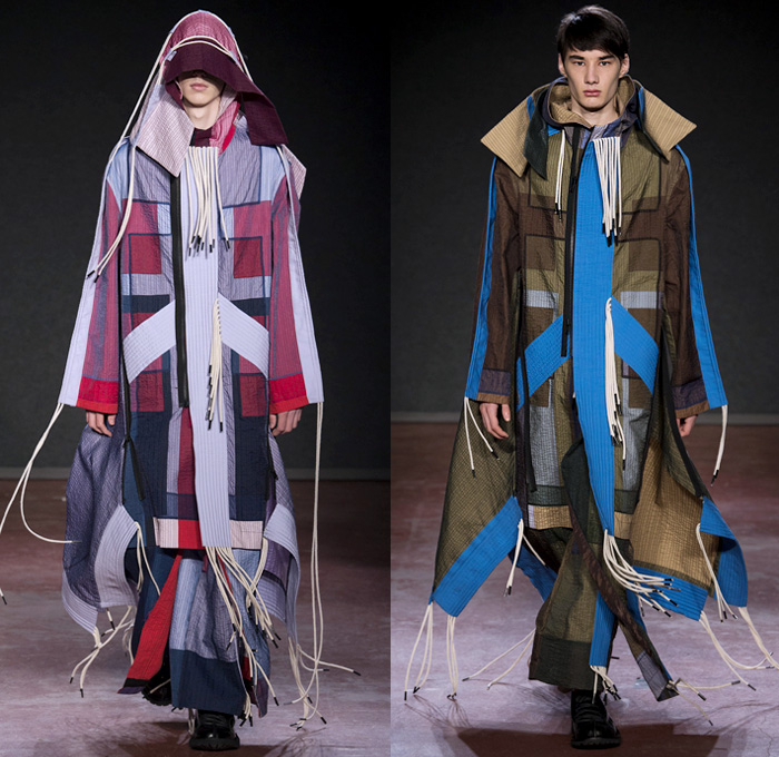 Craig Green 2018-2019 Fall Autumn Winter Mens Runway Catwalk Looks - London Fashion Week Mens Collections UK - Gig Lines Human Tent Kite Skeleton Cords Rope Braid Wireframe Pleats PVC Vinyl Pleather Tiered Overlapping Nylon Knit Weave Drawstring Shoelace Tie Up Arm Warmers Deconstructed Panels Wool Colorblock Geometric Paratrooper Parachute Sculptural Long Coat Parka Anorak Cutout Shoulders Sweater Jumper Cargo Pockets Hood Denim Jeans Paper Cutout Seams Fanny Pack Waist Pouch Belt Bag