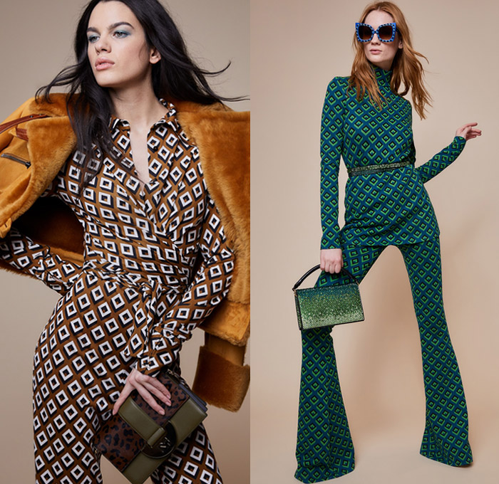 Diane Von Furstenberg 2018-2019 Fall Autumn Winter Womens Lookbook Presentation - New York Fashion Week NYFW - 1960s Mod 1970s Disco Geometric Cube Parrots Flowers Floral Gold Stripes Embroidery Bedazzled Sequins Leopard Ruffles Pinstripe Plaid Check Accordion Pleats Feathers Sheer Chiffon Lace Fur Shearling Coat Kimono Sash Waist Blouse Pussycat Bow Knit Cardigan Sweater Turtleneck Onesie Jumpsuit Wide Leg Palazzo Pants Flare Pencil Skirt Tiered Wrap Dress Gown Clutch Purse Sunglasses Shades