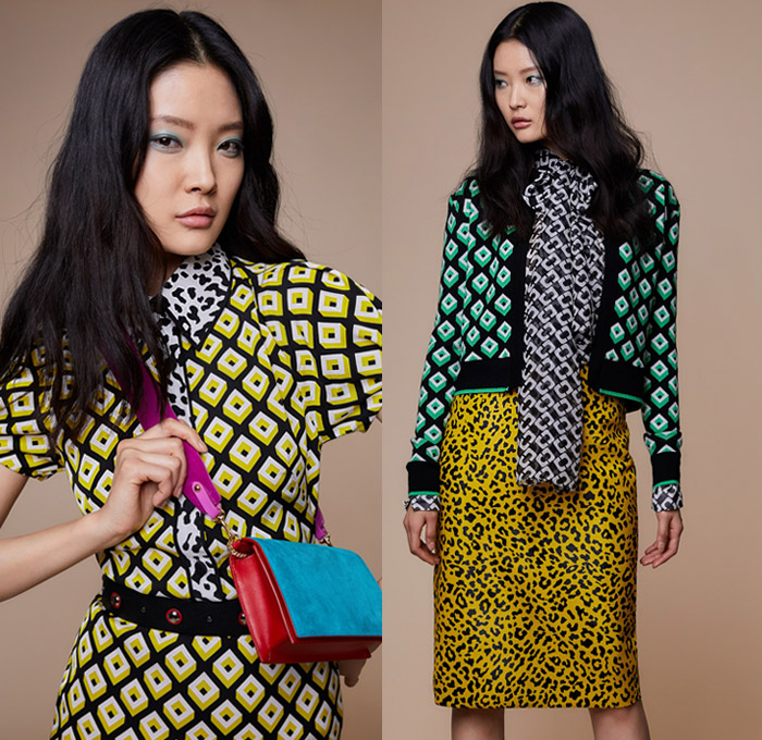 Diane Von Furstenberg 2018-2019 Fall Autumn Winter Womens Lookbook Presentation - New York Fashion Week NYFW - 1960s Mod 1970s Disco Geometric Cube Parrots Flowers Floral Gold Stripes Embroidery Bedazzled Sequins Leopard Ruffles Pinstripe Plaid Check Accordion Pleats Feathers Sheer Chiffon Lace Fur Shearling Coat Kimono Sash Waist Blouse Pussycat Bow Knit Cardigan Sweater Turtleneck Onesie Jumpsuit Wide Leg Palazzo Pants Flare Pencil Skirt Tiered Wrap Dress Gown Clutch Purse Sunglasses Shades