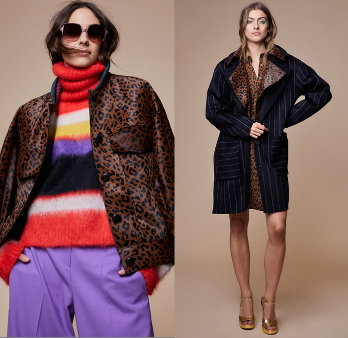 Diane Von Furstenberg 2018-2019 Fall Autumn Winter Womens Lookbook Presentation - New York Fashion Week NYFW - 1960s Mod 1970s Disco Geometric Cube Parrots Flowers Floral Gold Stripes Embroidery Bedazzled Sequins Leopard Ruffles Pinstripe Plaid Check Accordion Pleats Feathers Sheer Chiffon Lace Fur Shearling Coat Kimono Sash Waist Blouse Pussycat Bow Knit Cardigan Sweater Turtleneck Onesie Jumpsuit Wide Leg Palazzo Pants Flare Pencil Skirt Tiered Wrap Dress Gown Clutch Purse Sunglasses Shades