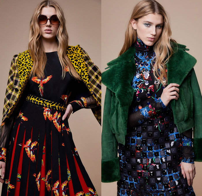 Diane Von Furstenberg 2018-2019 Fall Autumn Winter Womens Lookbook Presentation - New York Fashion Week NYFW - 1960s Mod 1970s Disco Geometric Cube Parrots Flowers Floral Gold Stripes Embroidery Bedazzled Sequins Leopard Ruffles Pinstripe Plaid Check Accordion Pleats Feathers Sheer Chiffon Lace Fur Shearling Coat Kimono Sash Waist Blouse Pussycat Bow Knit Cardigan Sweater Turtleneck Onesie Jumpsuit Wide Leg Palazzo Pants Flare Pencil Skirt Tiered Wrap Dress Gown Clutch Purse Sunglasses Shades