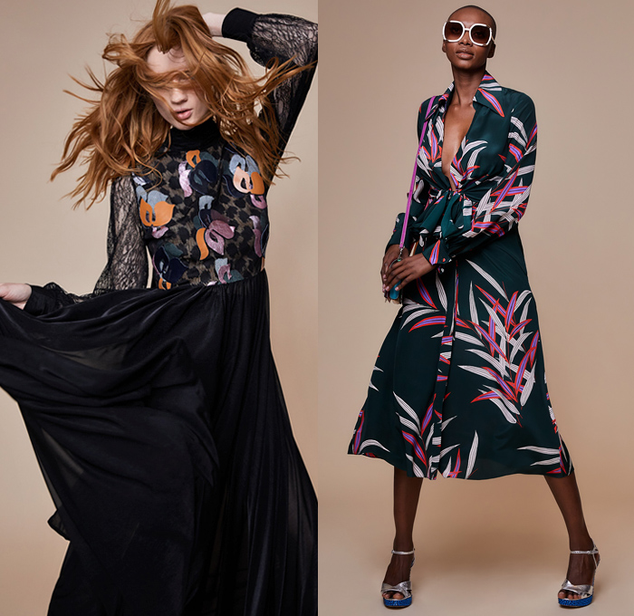 Diane Von Furstenberg 2018-2019 Fall Autumn Winter Womens Lookbook Presentation - New York Fashion Week NYFW - 1960s Mod 1970s Disco Geometric Cube Parrots Flowers Floral Gold Stripes Embroidery Bedazzled Sequins Leopard Ruffles Pinstripe Plaid Check Accordion Pleats Feathers Sheer Chiffon Lace Fur Shearling Coat Kimono Sash Waist Blouse Pussycat Bow Knit Cardigan Sweater Turtleneck Onesie Jumpsuit Wide Leg Palazzo Pants Flare Pencil Skirt Tiered Wrap Dress Gown Clutch Purse Sunglasses Shades