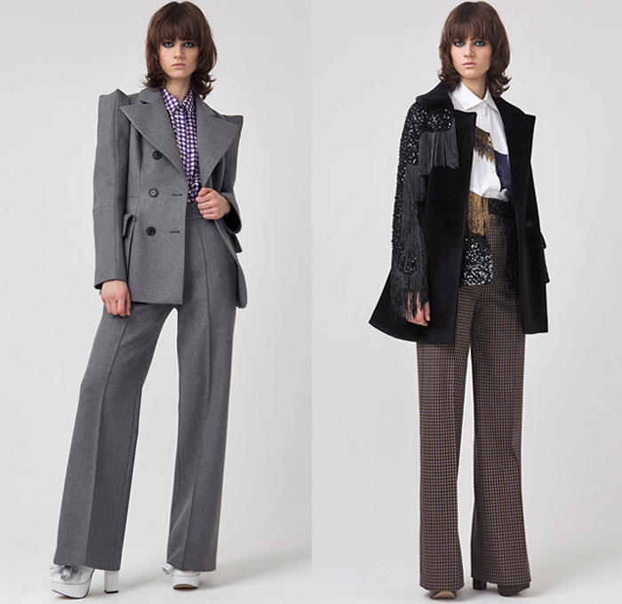 Dice Kayek 2018-2019 Fall Autumn Winter Womens Lookbook Presentation - Mode à Paris Fashion Week France - Outerwear Coat Motorcycle Biker Leather Jacket Zippers Boxy High Poufy Shoulders Pantsuit Blouse Oversleeve Leg O'Mutton Sleeves Anorak Poncho Houndstooth Plaid Tartan Check Embroidery Bedazzled Crystals Sequins Fringes Pussycat Bow Tie Knot Ribbon Satin Sheer Tulle Accordion Pleats Poodle Circle Skirt Mullet High-Low Hem Dress Miniskirt Wide Leg Tights Stockings Tassels Platform Shoes