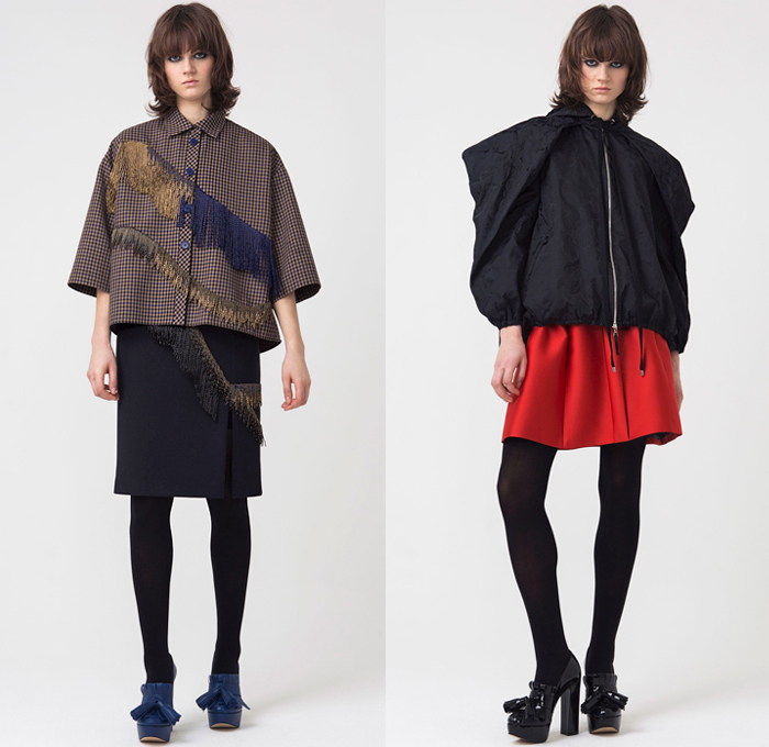 Dice Kayek 2018-2019 Fall Autumn Winter Womens Lookbook Presentation - Mode à Paris Fashion Week France - Outerwear Coat Motorcycle Biker Leather Jacket Zippers Boxy High Poufy Shoulders Pantsuit Blouse Oversleeve Leg O'Mutton Sleeves Anorak Poncho Houndstooth Plaid Tartan Check Embroidery Bedazzled Crystals Sequins Fringes Pussycat Bow Tie Knot Ribbon Satin Sheer Tulle Accordion Pleats Poodle Circle Skirt Mullet High-Low Hem Dress Miniskirt Wide Leg Tights Stockings Tassels Platform Shoes