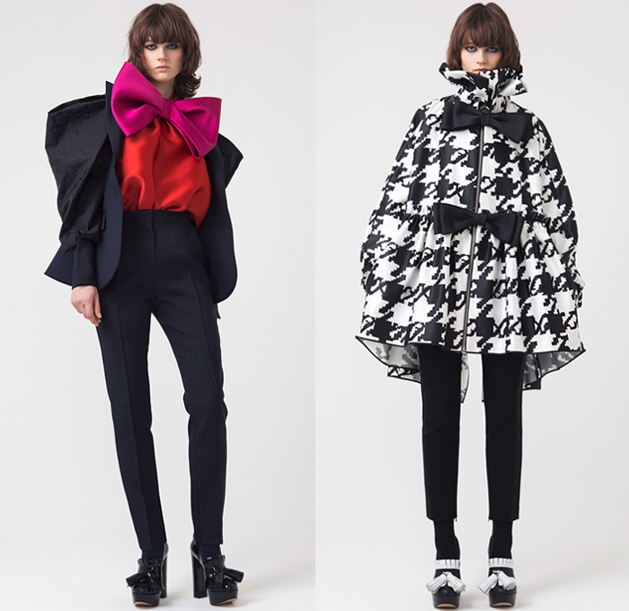 Dice Kayek 2018-2019 Fall Autumn Winter Womens Lookbook Presentation - Mode à Paris Fashion Week France - Outerwear Coat Motorcycle Biker Leather Jacket Zippers Boxy High Poufy Shoulders Pantsuit Blouse Oversleeve Leg O'Mutton Sleeves Anorak Poncho Houndstooth Plaid Tartan Check Embroidery Bedazzled Crystals Sequins Fringes Pussycat Bow Tie Knot Ribbon Satin Sheer Tulle Accordion Pleats Poodle Circle Skirt Mullet High-Low Hem Dress Miniskirt Wide Leg Tights Stockings Tassels Platform Shoes