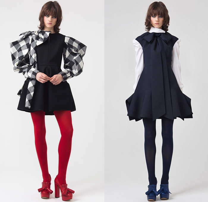 Dice Kayek 2018-2019 Fall Autumn Winter Womens Lookbook Presentation - Mode à Paris Fashion Week France - Outerwear Coat Motorcycle Biker Leather Jacket Zippers Boxy High Poufy Shoulders Pantsuit Blouse Oversleeve Leg O'Mutton Sleeves Anorak Poncho Houndstooth Plaid Tartan Check Embroidery Bedazzled Crystals Sequins Fringes Pussycat Bow Tie Knot Ribbon Satin Sheer Tulle Accordion Pleats Poodle Circle Skirt Mullet High-Low Hem Dress Miniskirt Wide Leg Tights Stockings Tassels Platform Shoes