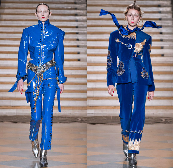 Dilara Findikoglu 2018-2019 Fall Autumn Winter Womens Runway Catwalk Looks - London Fashion Week Collections UK - Coat Jacket Pinstripe Pantsuit Blouse Bustier Deconstructed Hybrid Combo Panel Decorated Bedazzled Studs Sparkles PVC Vinyl Straps Belts Velvet Ribbon Knot Frayed Silk Satin Sphinx Stars Starburst Planets Eyes Moon Snakes Sheer Tulle Wool Brocade Jacquard Skeletal Gown Eveningwear Dress Miniskirt Girdle Suspenders Stockings Scarf Pointed Shoes Tiara Crown