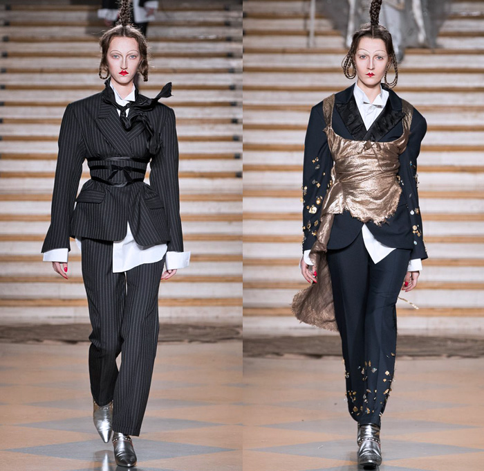 Dilara Findikoglu 2018-2019 Fall Autumn Winter Womens Runway Catwalk Looks - London Fashion Week Collections UK - Coat Jacket Pinstripe Pantsuit Blouse Bustier Deconstructed Hybrid Combo Panel Decorated Bedazzled Studs Sparkles PVC Vinyl Straps Belts Velvet Ribbon Knot Frayed Silk Satin Sphinx Stars Starburst Planets Eyes Moon Snakes Sheer Tulle Wool Brocade Jacquard Skeletal Gown Eveningwear Dress Miniskirt Girdle Suspenders Stockings Scarf Pointed Shoes Tiara Crown