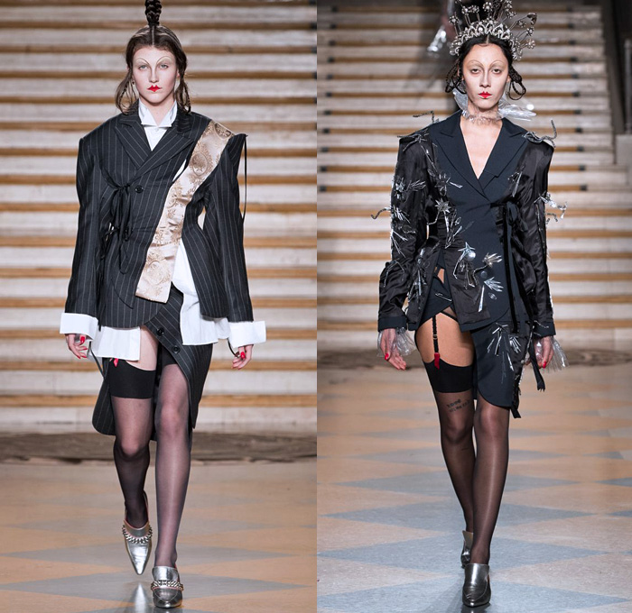 Dilara Findikoglu 2018-2019 Fall Autumn Winter Womens Runway Catwalk Looks - London Fashion Week Collections UK - Coat Jacket Pinstripe Pantsuit Blouse Bustier Deconstructed Hybrid Combo Panel Decorated Bedazzled Studs Sparkles PVC Vinyl Straps Belts Velvet Ribbon Knot Frayed Silk Satin Sphinx Stars Starburst Planets Eyes Moon Snakes Sheer Tulle Wool Brocade Jacquard Skeletal Gown Eveningwear Dress Miniskirt Girdle Suspenders Stockings Scarf Pointed Shoes Tiara Crown