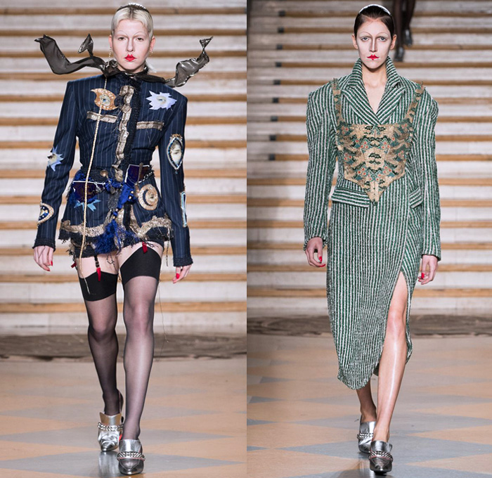 Dilara Findikoglu 2018-2019 Fall Autumn Winter Womens Runway Catwalk Looks - London Fashion Week Collections UK - Coat Jacket Pinstripe Pantsuit Blouse Bustier Deconstructed Hybrid Combo Panel Decorated Bedazzled Studs Sparkles PVC Vinyl Straps Belts Velvet Ribbon Knot Frayed Silk Satin Sphinx Stars Starburst Planets Eyes Moon Snakes Sheer Tulle Wool Brocade Jacquard Skeletal Gown Eveningwear Dress Miniskirt Girdle Suspenders Stockings Scarf Pointed Shoes Tiara Crown