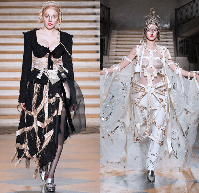 Dilara Findikoglu 2018-2019 Fall Autumn Winter Womens Runway Catwalk Looks - London Fashion Week Collections UK - Coat Jacket Pinstripe Pantsuit Blouse Bustier Deconstructed Hybrid Combo Panel Decorated Bedazzled Studs Sparkles PVC Vinyl Straps Belts Velvet Ribbon Knot Frayed Silk Satin Sphinx Stars Starburst Planets Eyes Moon Snakes Sheer Tulle Wool Brocade Jacquard Skeletal Gown Eveningwear Dress Miniskirt Girdle Suspenders Stockings Scarf Pointed Shoes Tiara Crown