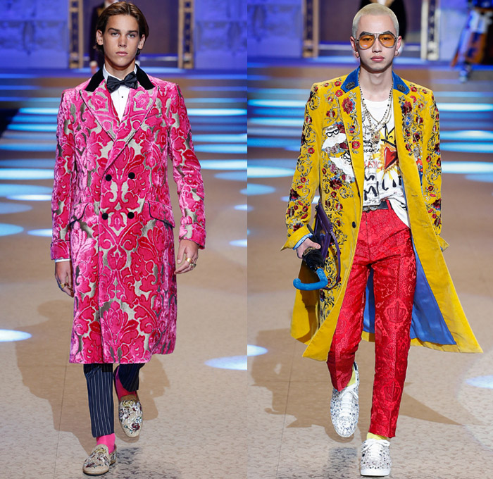 Dolce & Gabbana 2018-2019 Fall Autumn Winter Mens Runway Catwalk Looks - Milano Moda Uomo Milan Fashion Week Italy - King’s Angels Coat Parka Sweatshirt Fur Suit Blazer Turtleneck Bomber Biker Tuxedo Marching Band Jacket Bedazzled Lapel Shawl Robe Velvet Roses Flowers Floral Brocade Jacquard Crown Cherubim Pinstripe Knit Sweater Cardigan Religious Mother Mary Embroidery Sequins Crystals Lounge Leopard Jogger Denim Jeans Patchwork Bow Tie Slip-Ons Rosaries Fedora Pop Art Handbag Envelope Clutch