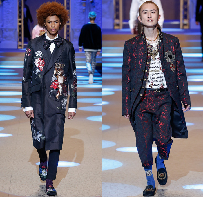 Dolce & Gabbana 2018-2019 Fall Autumn Winter Mens Runway Catwalk Looks - Milano Moda Uomo Milan Fashion Week Italy - King’s Angels Coat Parka Sweatshirt Fur Suit Blazer Turtleneck Bomber Biker Tuxedo Marching Band Jacket Bedazzled Lapel Shawl Robe Velvet Roses Flowers Floral Brocade Jacquard Crown Cherubim Pinstripe Knit Sweater Cardigan Religious Mother Mary Embroidery Sequins Crystals Lounge Leopard Jogger Denim Jeans Patchwork Bow Tie Slip-Ons Rosaries Fedora Pop Art Handbag Envelope Clutch