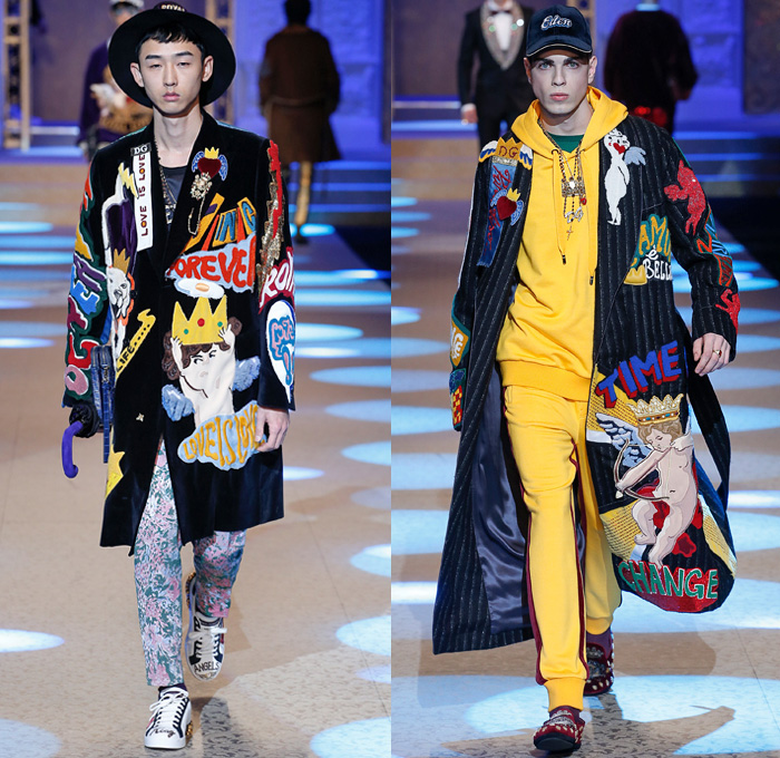 Dolce & Gabbana 2018-2019 Fall Autumn Winter Mens Runway Catwalk Looks - Milano Moda Uomo Milan Fashion Week Italy - King’s Angels Coat Parka Sweatshirt Fur Suit Blazer Turtleneck Bomber Biker Tuxedo Marching Band Jacket Bedazzled Lapel Shawl Robe Velvet Roses Flowers Floral Brocade Jacquard Crown Cherubim Pinstripe Knit Sweater Cardigan Religious Mother Mary Embroidery Sequins Crystals Lounge Leopard Jogger Denim Jeans Patchwork Bow Tie Slip-Ons Rosaries Fedora Pop Art Handbag Envelope Clutch