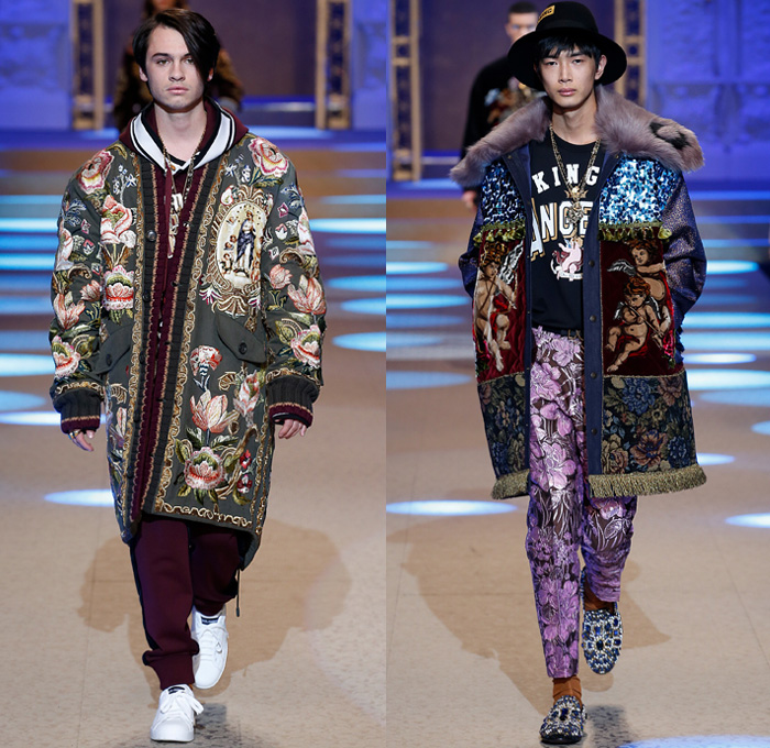 Dolce & Gabbana 2018-2019 Fall Autumn Winter Mens Runway Catwalk Looks - Milano Moda Uomo Milan Fashion Week Italy - King’s Angels Coat Parka Sweatshirt Fur Suit Blazer Turtleneck Bomber Biker Tuxedo Marching Band Jacket Bedazzled Lapel Shawl Robe Velvet Roses Flowers Floral Brocade Jacquard Crown Cherubim Pinstripe Knit Sweater Cardigan Religious Mother Mary Embroidery Sequins Crystals Lounge Leopard Jogger Denim Jeans Patchwork Bow Tie Slip-Ons Rosaries Fedora Pop Art Handbag Envelope Clutch