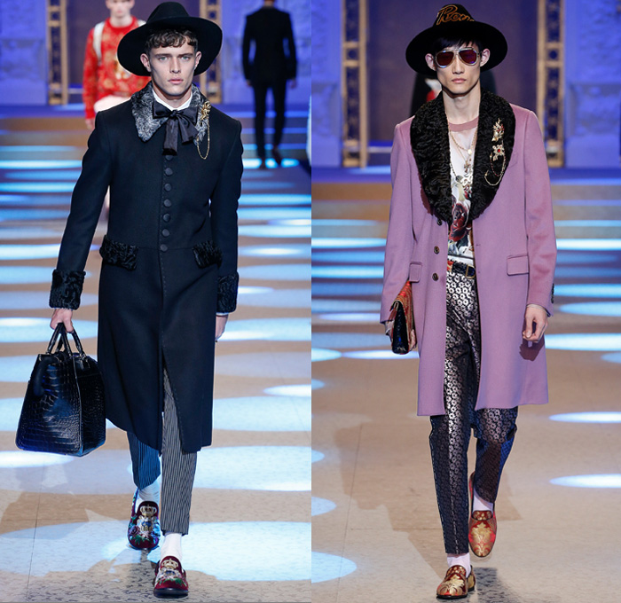 Dolce & Gabbana 2018-2019 Fall Autumn Winter Mens Runway Catwalk Looks - Milano Moda Uomo Milan Fashion Week Italy - King’s Angels Coat Parka Sweatshirt Fur Suit Blazer Turtleneck Bomber Biker Tuxedo Marching Band Jacket Bedazzled Lapel Shawl Robe Velvet Roses Flowers Floral Brocade Jacquard Crown Cherubim Pinstripe Knit Sweater Cardigan Religious Mother Mary Embroidery Sequins Crystals Lounge Leopard Jogger Denim Jeans Patchwork Bow Tie Slip-Ons Rosaries Fedora Pop Art Handbag Envelope Clutch