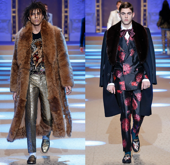 Dolce & Gabbana 2018-2019 Fall Autumn Winter Mens Runway Catwalk Looks - Milano Moda Uomo Milan Fashion Week Italy - King’s Angels Coat Parka Sweatshirt Fur Suit Blazer Turtleneck Bomber Biker Tuxedo Marching Band Jacket Bedazzled Lapel Shawl Robe Velvet Roses Flowers Floral Brocade Jacquard Crown Cherubim Pinstripe Knit Sweater Cardigan Religious Mother Mary Embroidery Sequins Crystals Lounge Leopard Jogger Denim Jeans Patchwork Bow Tie Slip-Ons Rosaries Fedora Pop Art Handbag Envelope Clutch