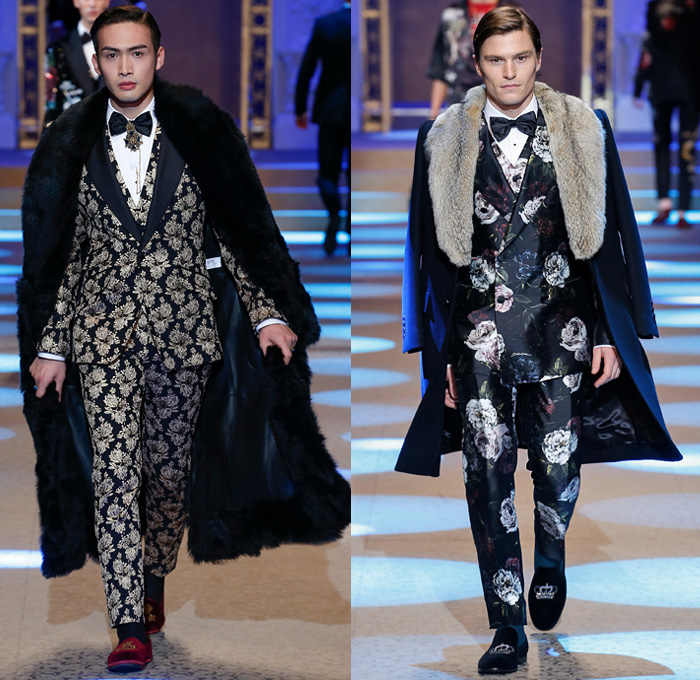 Dolce & Gabbana 2018-2019 Fall Autumn Winter Mens Runway Catwalk Looks - Milano Moda Uomo Milan Fashion Week Italy - King’s Angels Coat Parka Sweatshirt Fur Suit Blazer Turtleneck Bomber Biker Tuxedo Marching Band Jacket Bedazzled Lapel Shawl Robe Velvet Roses Flowers Floral Brocade Jacquard Crown Cherubim Pinstripe Knit Sweater Cardigan Religious Mother Mary Embroidery Sequins Crystals Lounge Leopard Jogger Denim Jeans Patchwork Bow Tie Slip-Ons Rosaries Fedora Pop Art Handbag Envelope Clutch