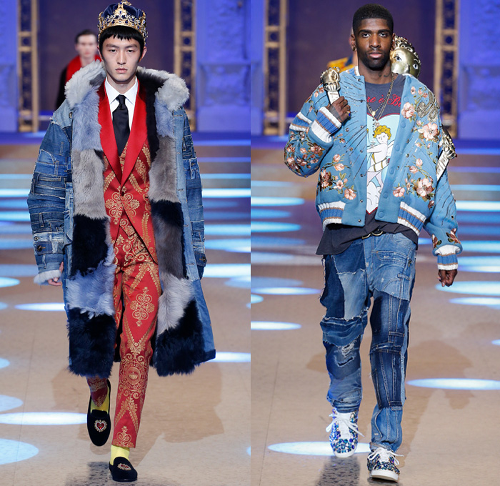 Dolce & Gabbana 2018-2019 Fall Autumn Winter Mens Runway Catwalk Looks - Milano Moda Uomo Milan Fashion Week Italy - King’s Angels Coat Parka Sweatshirt Fur Suit Blazer Turtleneck Bomber Biker Tuxedo Marching Band Jacket Bedazzled Lapel Shawl Robe Velvet Roses Flowers Floral Brocade Jacquard Crown Cherubim Pinstripe Knit Sweater Cardigan Religious Mother Mary Embroidery Sequins Crystals Lounge Leopard Jogger Denim Jeans Patchwork Bow Tie Slip-Ons Rosaries Fedora Pop Art Handbag Envelope Clutch