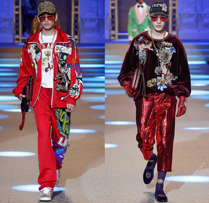 Dolce & Gabbana 2018-2019 Fall Autumn Winter Mens Runway Catwalk Looks - Milano Moda Uomo Milan Fashion Week Italy - King’s Angels Coat Parka Sweatshirt Fur Suit Blazer Turtleneck Bomber Biker Tuxedo Marching Band Jacket Bedazzled Lapel Shawl Robe Velvet Roses Flowers Floral Brocade Jacquard Crown Cherubim Pinstripe Knit Sweater Cardigan Religious Mother Mary Embroidery Sequins Crystals Lounge Leopard Jogger Denim Jeans Patchwork Bow Tie Slip-Ons Rosaries Fedora Pop Art Handbag Envelope Clutch