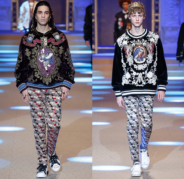 Dolce & Gabbana 2018-2019 Fall Autumn Winter Mens Runway Catwalk Looks - Milano Moda Uomo Milan Fashion Week Italy - King’s Angels Coat Parka Sweatshirt Fur Suit Blazer Turtleneck Bomber Biker Tuxedo Marching Band Jacket Bedazzled Lapel Shawl Robe Velvet Roses Flowers Floral Brocade Jacquard Crown Cherubim Pinstripe Knit Sweater Cardigan Religious Mother Mary Embroidery Sequins Crystals Lounge Leopard Jogger Denim Jeans Patchwork Bow Tie Slip-Ons Rosaries Fedora Pop Art Handbag Envelope Clutch