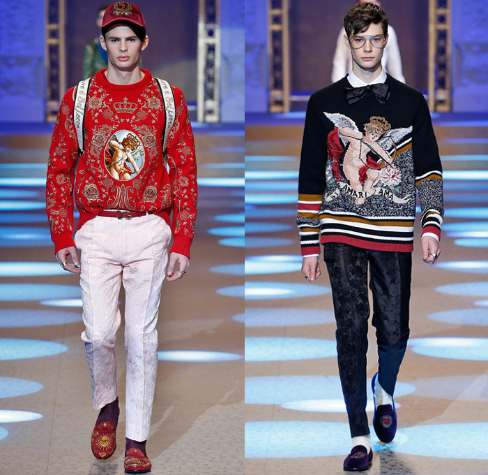 Dolce & Gabbana 2018-2019 Fall Autumn Winter Mens Runway Catwalk Looks - Milano Moda Uomo Milan Fashion Week Italy - King’s Angels Coat Parka Sweatshirt Fur Suit Blazer Turtleneck Bomber Biker Tuxedo Marching Band Jacket Bedazzled Lapel Shawl Robe Velvet Roses Flowers Floral Brocade Jacquard Crown Cherubim Pinstripe Knit Sweater Cardigan Religious Mother Mary Embroidery Sequins Crystals Lounge Leopard Jogger Denim Jeans Patchwork Bow Tie Slip-Ons Rosaries Fedora Pop Art Handbag Envelope Clutch