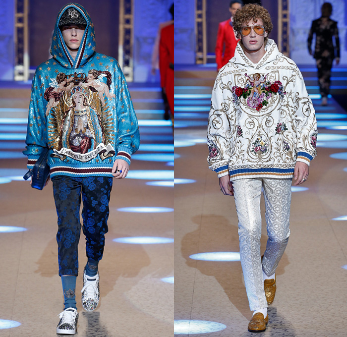 Dolce & Gabbana 2018-2019 Fall Autumn Winter Mens Runway Catwalk Looks - Milano Moda Uomo Milan Fashion Week Italy - King’s Angels Coat Parka Sweatshirt Fur Suit Blazer Turtleneck Bomber Biker Tuxedo Marching Band Jacket Bedazzled Lapel Shawl Robe Velvet Roses Flowers Floral Brocade Jacquard Crown Cherubim Pinstripe Knit Sweater Cardigan Religious Mother Mary Embroidery Sequins Crystals Lounge Leopard Jogger Denim Jeans Patchwork Bow Tie Slip-Ons Rosaries Fedora Pop Art Handbag Envelope Clutch