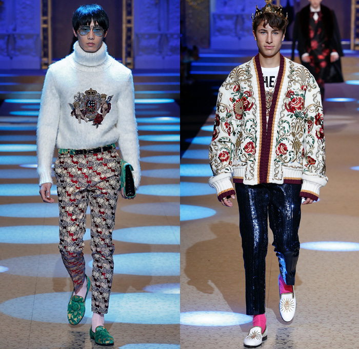 Dolce & Gabbana 2018-2019 Fall Autumn Winter Mens Runway Catwalk Looks - Milano Moda Uomo Milan Fashion Week Italy - King’s Angels Coat Parka Sweatshirt Fur Suit Blazer Turtleneck Bomber Biker Tuxedo Marching Band Jacket Bedazzled Lapel Shawl Robe Velvet Roses Flowers Floral Brocade Jacquard Crown Cherubim Pinstripe Knit Sweater Cardigan Religious Mother Mary Embroidery Sequins Crystals Lounge Leopard Jogger Denim Jeans Patchwork Bow Tie Slip-Ons Rosaries Fedora Pop Art Handbag Envelope Clutch