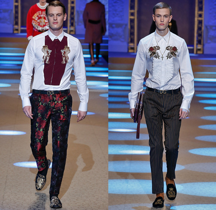 Dolce & Gabbana 2018-2019 Fall Autumn Winter Mens Runway Catwalk Looks - Milano Moda Uomo Milan Fashion Week Italy - King’s Angels Coat Parka Sweatshirt Fur Suit Blazer Turtleneck Bomber Biker Tuxedo Marching Band Jacket Bedazzled Lapel Shawl Robe Velvet Roses Flowers Floral Brocade Jacquard Crown Cherubim Pinstripe Knit Sweater Cardigan Religious Mother Mary Embroidery Sequins Crystals Lounge Leopard Jogger Denim Jeans Patchwork Bow Tie Slip-Ons Rosaries Fedora Pop Art Handbag Envelope Clutch