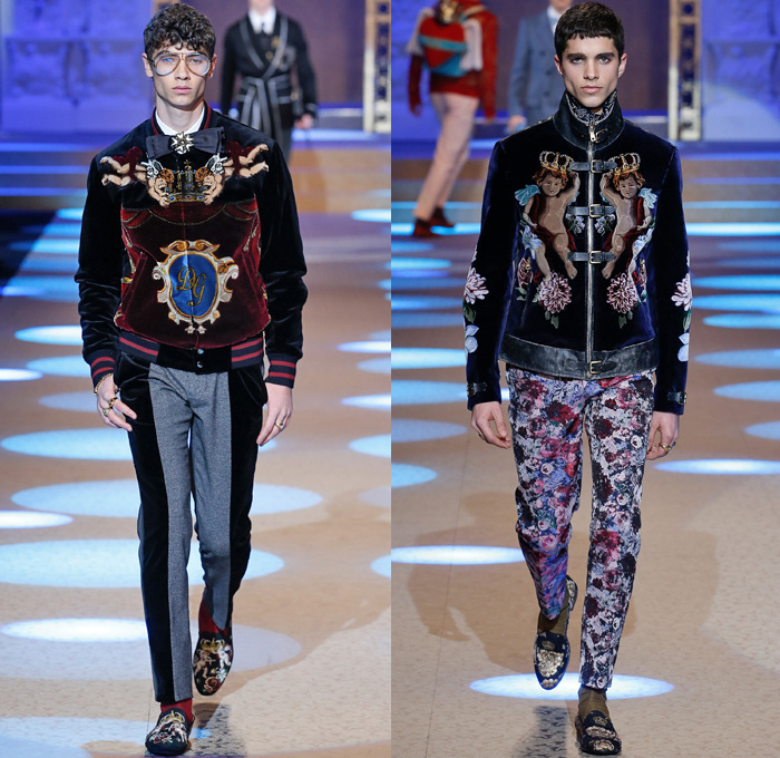 Dolce & Gabbana 2018-2019 Fall Autumn Winter Mens Runway Catwalk Looks - Milano Moda Uomo Milan Fashion Week Italy - King’s Angels Coat Parka Sweatshirt Fur Suit Blazer Turtleneck Bomber Biker Tuxedo Marching Band Jacket Bedazzled Lapel Shawl Robe Velvet Roses Flowers Floral Brocade Jacquard Crown Cherubim Pinstripe Knit Sweater Cardigan Religious Mother Mary Embroidery Sequins Crystals Lounge Leopard Jogger Denim Jeans Patchwork Bow Tie Slip-Ons Rosaries Fedora Pop Art Handbag Envelope Clutch