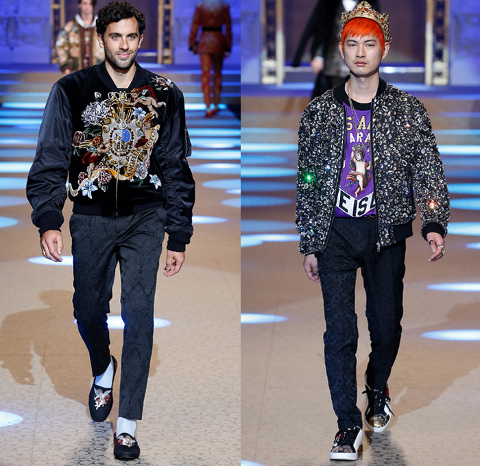 Dolce & Gabbana 2018-2019 Fall Autumn Winter Mens Runway Catwalk Looks - Milano Moda Uomo Milan Fashion Week Italy - King’s Angels Coat Parka Sweatshirt Fur Suit Blazer Turtleneck Bomber Biker Tuxedo Marching Band Jacket Bedazzled Lapel Shawl Robe Velvet Roses Flowers Floral Brocade Jacquard Crown Cherubim Pinstripe Knit Sweater Cardigan Religious Mother Mary Embroidery Sequins Crystals Lounge Leopard Jogger Denim Jeans Patchwork Bow Tie Slip-Ons Rosaries Fedora Pop Art Handbag Envelope Clutch