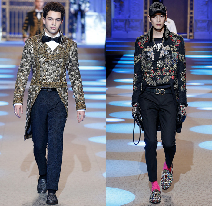 Dolce & Gabbana 2018-2019 Fall Autumn Winter Mens Runway Catwalk Looks - Milano Moda Uomo Milan Fashion Week Italy - King’s Angels Coat Parka Sweatshirt Fur Suit Blazer Turtleneck Bomber Biker Tuxedo Marching Band Jacket Bedazzled Lapel Shawl Robe Velvet Roses Flowers Floral Brocade Jacquard Crown Cherubim Pinstripe Knit Sweater Cardigan Religious Mother Mary Embroidery Sequins Crystals Lounge Leopard Jogger Denim Jeans Patchwork Bow Tie Slip-Ons Rosaries Fedora Pop Art Handbag Envelope Clutch