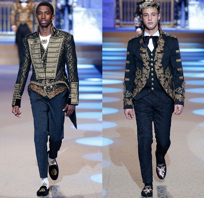 Dolce & Gabbana 2018-2019 Fall Autumn Winter Mens Runway Catwalk Looks - Milano Moda Uomo Milan Fashion Week Italy - King’s Angels Coat Parka Sweatshirt Fur Suit Blazer Turtleneck Bomber Biker Tuxedo Marching Band Jacket Bedazzled Lapel Shawl Robe Velvet Roses Flowers Floral Brocade Jacquard Crown Cherubim Pinstripe Knit Sweater Cardigan Religious Mother Mary Embroidery Sequins Crystals Lounge Leopard Jogger Denim Jeans Patchwork Bow Tie Slip-Ons Rosaries Fedora Pop Art Handbag Envelope Clutch