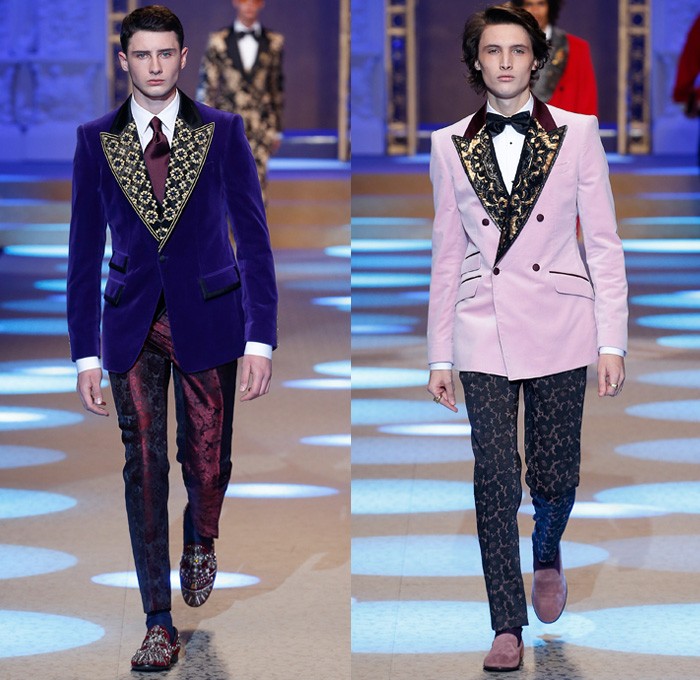 Dolce & Gabbana 2018-2019 Fall Autumn Winter Mens Runway Catwalk Looks - Milano Moda Uomo Milan Fashion Week Italy - King’s Angels Coat Parka Sweatshirt Fur Suit Blazer Turtleneck Bomber Biker Tuxedo Marching Band Jacket Bedazzled Lapel Shawl Robe Velvet Roses Flowers Floral Brocade Jacquard Crown Cherubim Pinstripe Knit Sweater Cardigan Religious Mother Mary Embroidery Sequins Crystals Lounge Leopard Jogger Denim Jeans Patchwork Bow Tie Slip-Ons Rosaries Fedora Pop Art Handbag Envelope Clutch