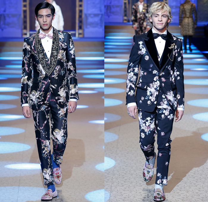 Dolce & Gabbana 2018-2019 Fall Autumn Winter Mens Runway Catwalk Looks - Milano Moda Uomo Milan Fashion Week Italy - King’s Angels Coat Parka Sweatshirt Fur Suit Blazer Turtleneck Bomber Biker Tuxedo Marching Band Jacket Bedazzled Lapel Shawl Robe Velvet Roses Flowers Floral Brocade Jacquard Crown Cherubim Pinstripe Knit Sweater Cardigan Religious Mother Mary Embroidery Sequins Crystals Lounge Leopard Jogger Denim Jeans Patchwork Bow Tie Slip-Ons Rosaries Fedora Pop Art Handbag Envelope Clutch